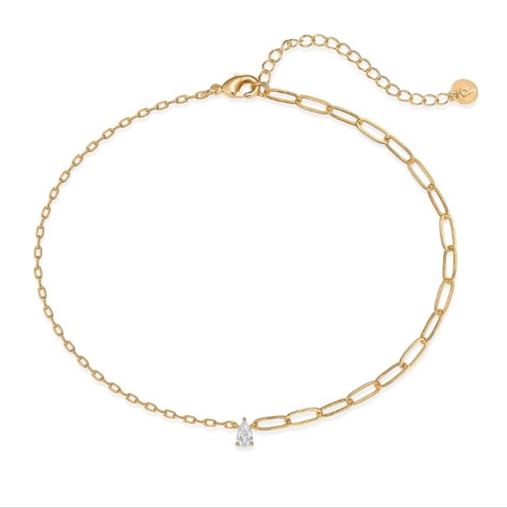 14K Gold Plated Charm Link Chain Solitaire Adjustable Anklet